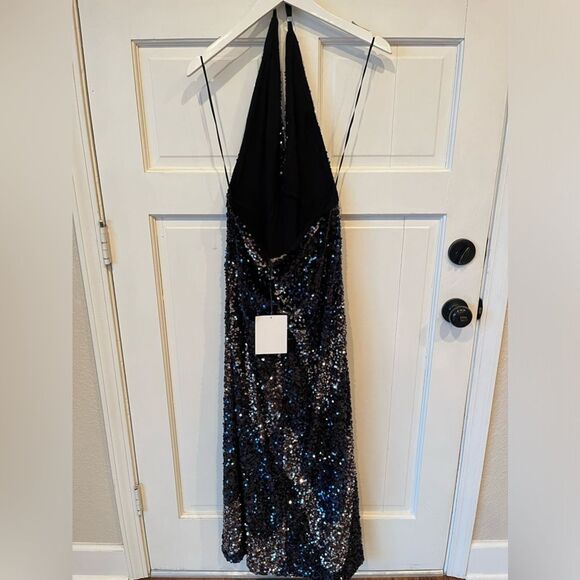 NWT Free People Glitter Blue and Black Sequin Velvet Halter Maxi Slit Gown - Picture 5 of 5